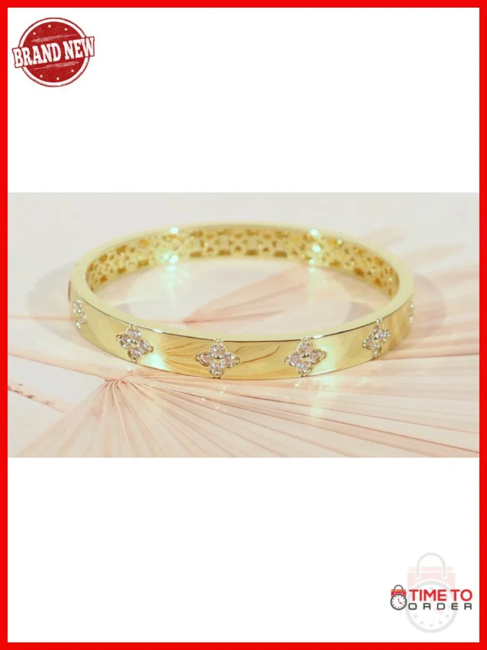 14K Gold Plated Moissanite Clover Bangle Bracelet, D Color VVS1